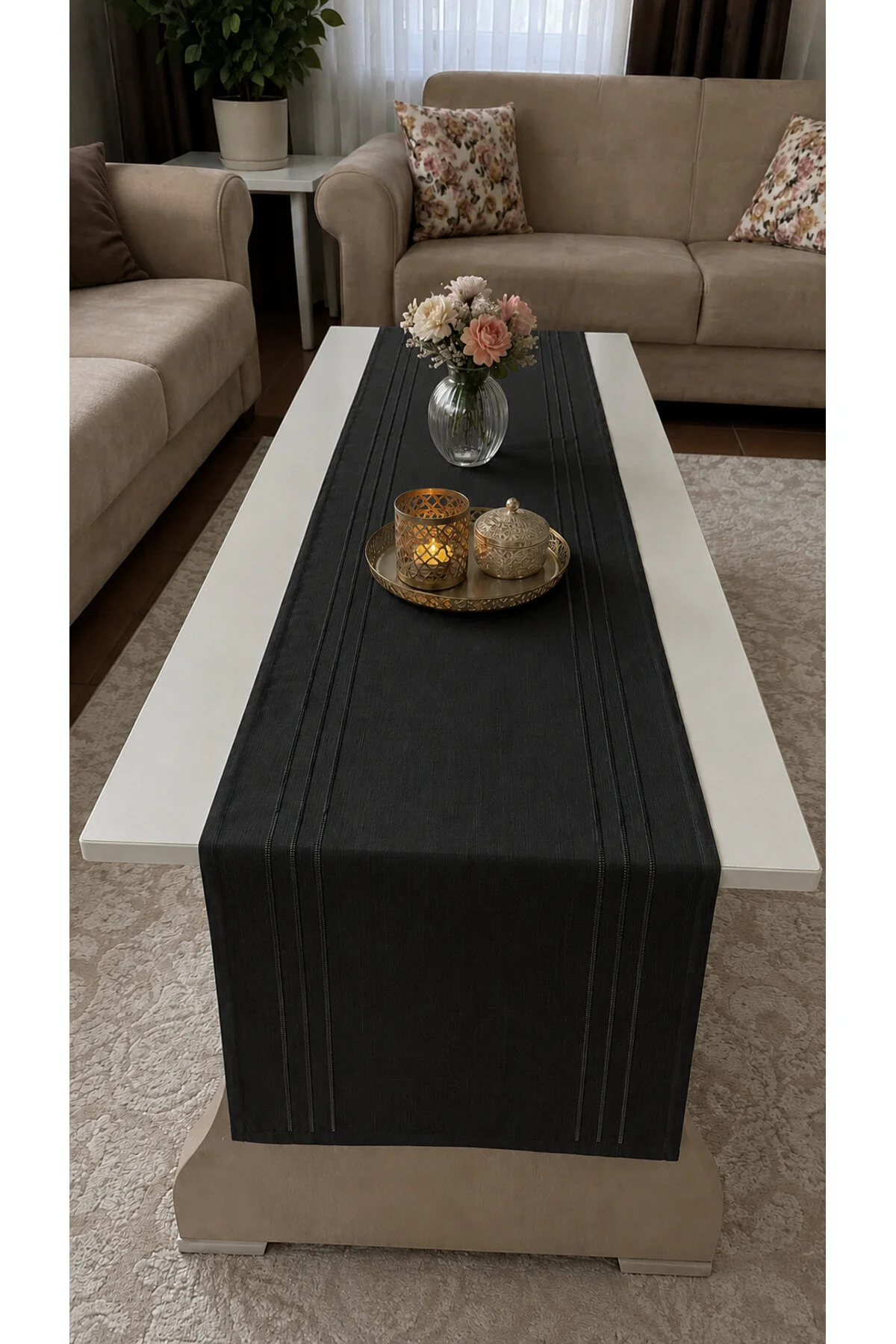 %100 Polyester Dertsiz Leke Tutmaz Şerit Desenli Runner Masa Örtüsü 34x200 Cm Siyah