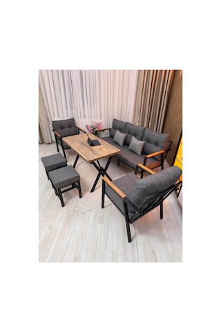 Dora 3 -1 - 1 + Masa + 2 Adet Puf , Balkon, Bahçe, Teras, Cafe - Salon - Metal Kanepe Koltuk Takımı , Çay Seti