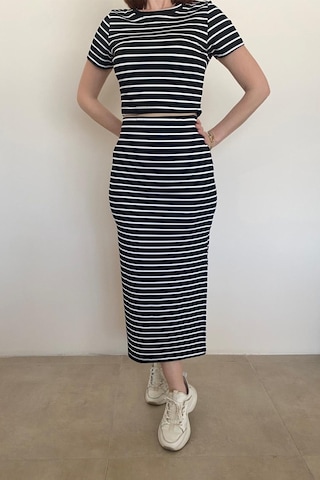 Ded Collectıon Kadın Çizgili Crop Etek Takım Siyah-beyaz