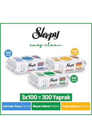 Sleepy Easy Clean Premium Beyaz Sabun Katkılı+Çamaşır Suyu Katkılı+Arap Sabunu Katkılı Yüzey Temizlik Havlusu Mendili 3x100 (300 Yaprak) 