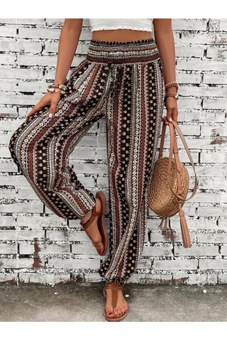 Simala Kadın Yüksek Bel Etnik Desenli Geniş Dökümlü Bürümcük Pantolon Çok Renkli