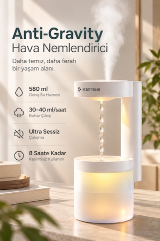 Kensa Ultrasonik Hava Nemlendirici 580 Ml Buhar Makinesi 5 Farklı Gece Lambası Damlacık Efektli