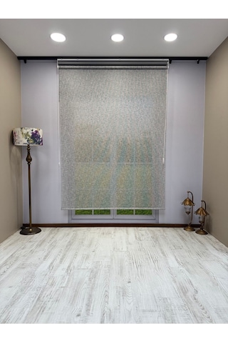 Çift Mekanizmalı Gri Çizgili Desenli Tül Ve Gri Stor Perde - İthal Mat Polyester Gri