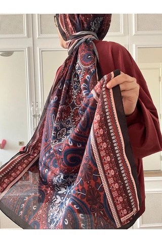 Modakaşmir Aminenesil Etnik Desen Soft Pamuk Şal Lacivert Kırmızı Renk K.lacivert