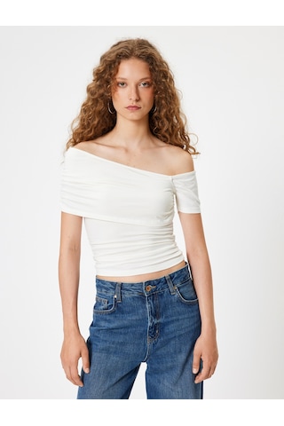 Koton Kayık Yaka Tişört Drape Detaylı Slim Fit Kısa Kollu Ekru 4sal11078ık Ekru