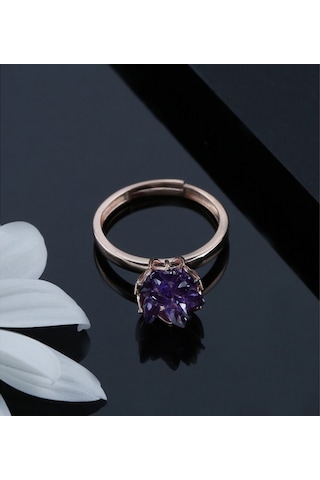Rose Altın Kaplama Ametist Mor Taşlı Lotus Çiçeği Kadın Yüzük Rose Gold