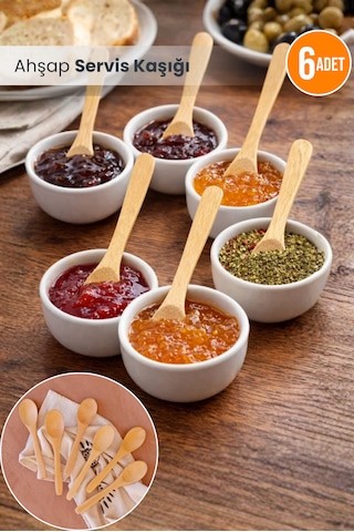 6 Adet Ahşap Mama Kaşığı - Reçel Bal Servis Çay Kaşık 13 Cm