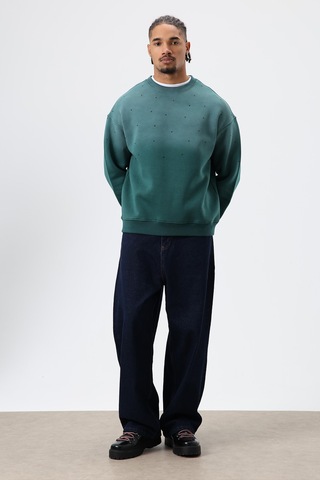 Vamos Yıkamalı Taş Detaylı Oversize Sweatshirt Nefti