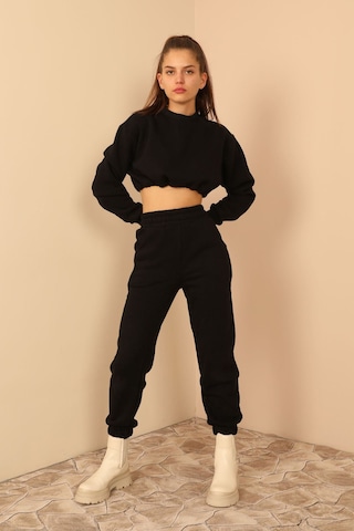 Kaktüs Moda Şardonlu 3 Iplik Kumaş Uzun Kol Kadın Sweatshirt Siya