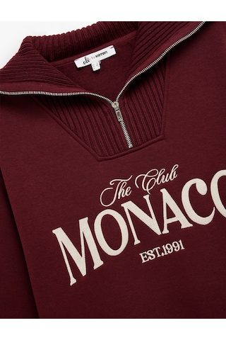 Koton Yarım Fermuarlı Pamuklu Rahat Kalıp Kolej Baskılı Sweatshirt Bordo 6wal10156ık Bordo