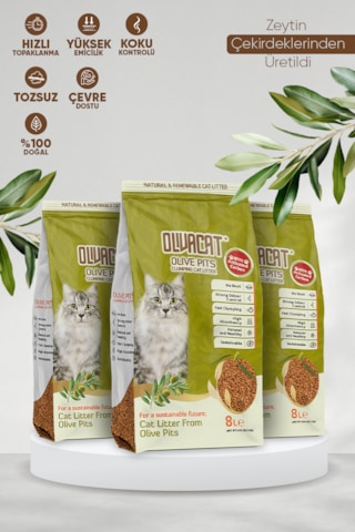 Olivacat Zeytin Çekirdeğinden Üretilen Aktif Karbonlu Tozsuz Doğal Kedi Kumu 3 x 8 L