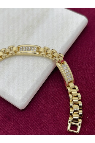 14 K Renginde Minik Taşlarla Kaplı 3 Dikdörtgen Şekilli Gold Bileklik Gold