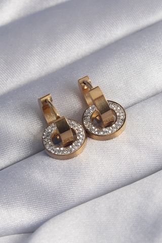 316l Çelik Gold Renk Zirkon Taşlı İç İçe Geçmeli Oval Küpe Gold