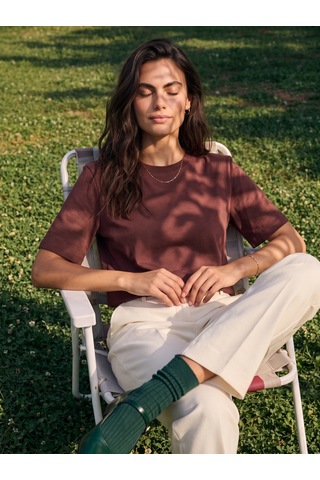 Onloox Kadın Koyu Kızıl Kahve Koyu Kızıl Kahve Pamuklu Bisiklet Yaka Basic Form Vatka Detaylı Kısa Kollu T-shirt