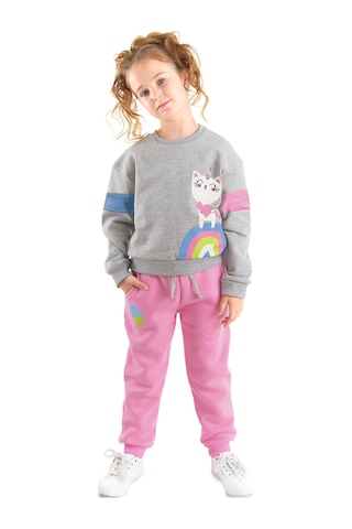 Denokids Rainbow Cat Kız Çocuk Alt-Üst Eşofman Takımı - Gri - Pembe