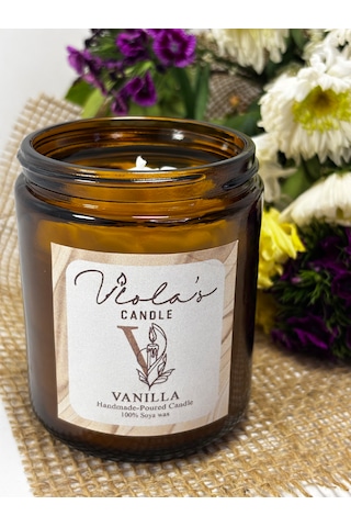 Violas Candle Amber Renk Cam Kavanoz Vanilya Kokulu %100 Soya Wax Mum Beyaz