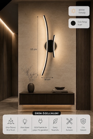 Yumi Modern Led Duvar Apliği Günışığı Siyah
