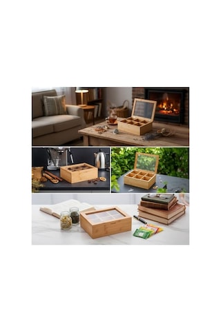 Deconox Bambu 6 Bölmeli Çay Kutusu  Bambu Mıknatıslı Kapak 21x16,5 X7cm 0