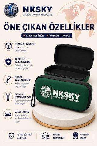Nksky 36 Parça İlk Yardım Çantası, Yeşil Eva Çantalı İlk Yardım Seti, Bileğe Takılabilir Taşıma İpli Ecza Çantası