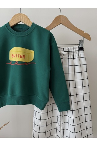 Magu Çocuk Butter Baskılı Yeşil Sweatshirt Ve Ekru Kareli Eşofman Takım Çok Renkli