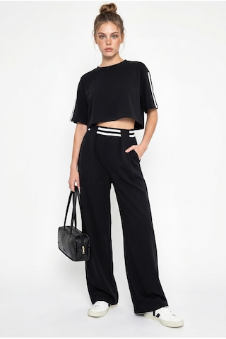 Shade Kadın Çizgi Detaylı Crop Bluzlu Yüksek Bel Modal Takım 4136 60286285 - Siyah