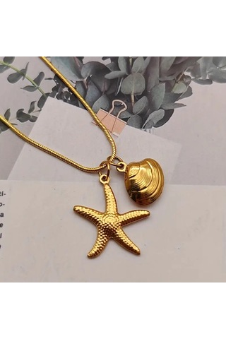 Mumicemum Deniz Yıldızı Ve İstiridye Detaylı Çelik Kolye 18k Altın Kaplama Altın