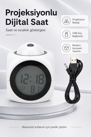 Tr Duvara Yansıtan Projeksiyonlu Dijital Çalar Saat Konuşan Termometreli Led Alarm Masa Saati Genel