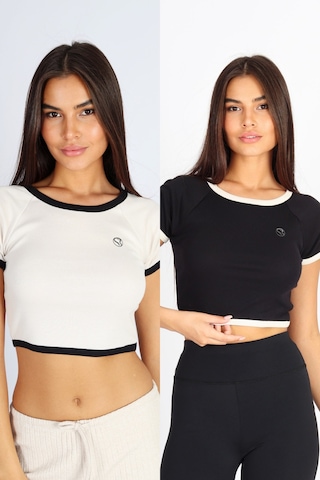 Soft&Basic Siyah-ekru Regular Fit Crop Basic Kadın 2'li Crop Tişört Beyaz