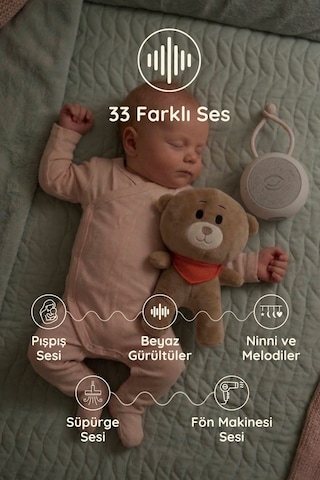 Beyaz Gürültü Cihazı | 33 Sesli, Pışpışlı & Ninnili Ayıcık | Pembe Fularlı Ayıcık