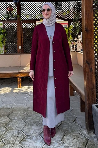 Rabia Şamlı Dama Desenli Triko Hırka Bordo Normal