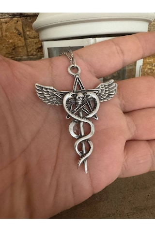 Yılan & Kuru Kafa & Pagan Yıldızı Unisex Kolye 60 Cm Zincirli, Gotik Güç Ve Koruma Temalı Tasarım Çok renkli