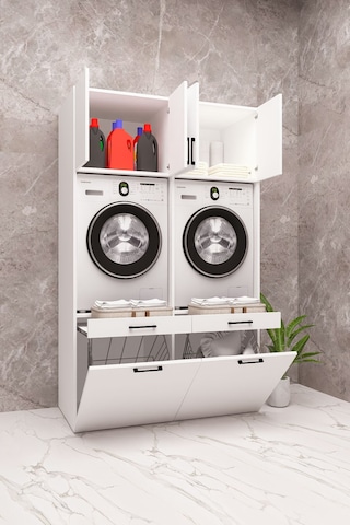 Mdf Çamaşır Makinesi Ve Kurutma Makinesi Dolabı Çift Sepetli Beyaz