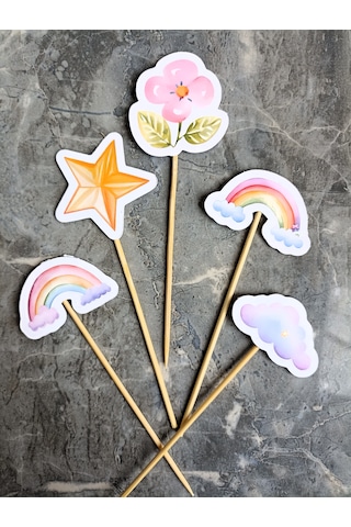 15 Adet Gökkuşağı Bulut Yıldız Pasta Kürdanı Cupcake Pasta Süsü K
