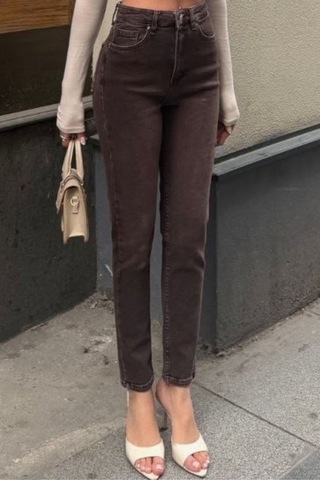 Balenbi Kadın Yüksek Bel Yıkamalı Mom Jean Likralı Kot Pantolon 1244 Kahverengi W129