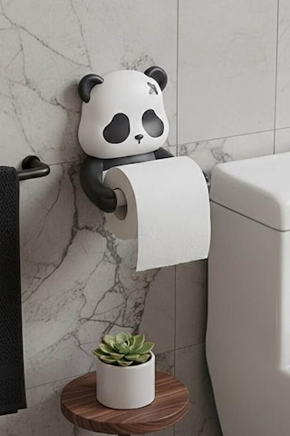 Safestore Panda Figürlü Tuvalet Kağıdı Askısı, Yapışkanlı Montaj, Plastik, Siyah, Mat, Modern, Delmesiz Banyo Çok Renkli
