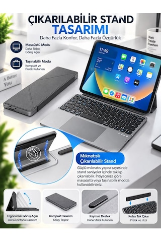 Alüminyum Şarjlı 64 Tuşlu Türkçe Q Klavye Deri Standlı Katlanabilir Bluetooth Dokunmatik Touchpad