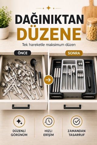 Sürgülü Ayarlanabilir Kaşıklık Organizer Çekmece İçi Düzenleyici S-10555 Gri
