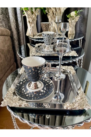 Atabey Home Collection 6'lı Kahve & Çay & Sunum Tepsisi Metal Döküm Kare Gümüş Gül Model