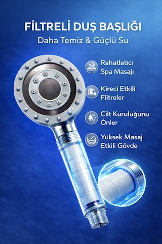 Lüx Spa Masajlı Özellikli 5 Fonksiyonlu Filtreli Duş Başlığı Gri