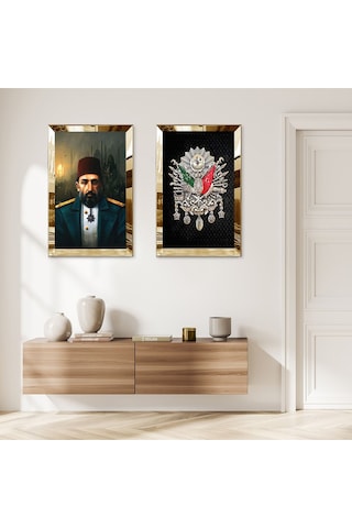 Gold Aynalı Pleksi Çerçeveli Padişah Abdülhamid Ve Osmanlı Tuğrası İkili Mdf Tablo Seti