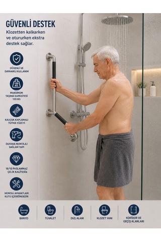 Paslanmaz Çelik Banyo Tutunma Barı 63 Cm Gümüş