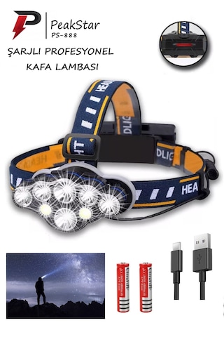 Peakstar Ps-888 Güçlü Usb Şarjlı 8 Modlu 6000 Lümen Kafa Lambası Mavi - Siyah