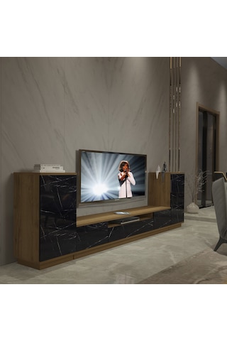 Decoraktiv Trio On2s Mdf Tv Ünitesi Tv Sehpası - Pera Siyah Mermer Safir Meşe - Royal Mermer