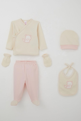 Breeze Kız Bebek Hastane Çıkışı 5 Li Sevimli Kedi Nakışlı Fiyonklu 0-3 Ay, Krem Krem