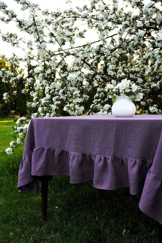 Buldan Keten Fırfırlı Vintage Mor Masa Örtüsü Mor