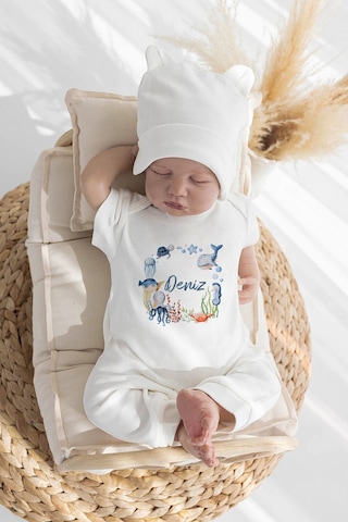 Lilabio %100 Organik Isme Özel Isimli 10lu Hastane Çıkışı Deniz Canlıları Ekru