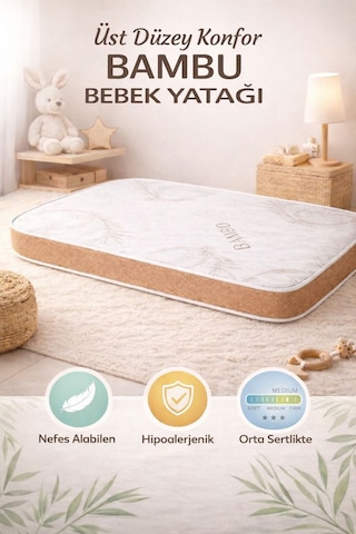 Royalyat Bamboo Bebek Yatak Bambo Bebek Yatak Ortopedik Çocuk Yatağı Anne Yanı Beşik Yatağı , 70x120