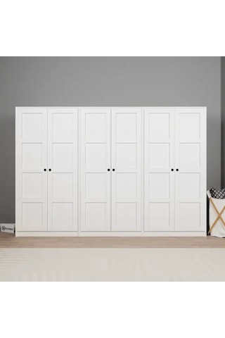 Lucas 6 Kapaklı 10 Raflı Elbise Dolabı - Gardırop Seti Beyaz 282 Cm Beyaz
