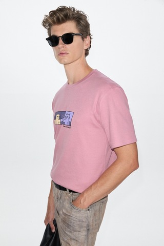 Grimelange Stone Erkek Yuvarlak Yakalı Önü Baskılı Pembe T-shirt