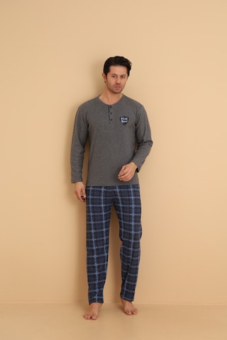 Flkn 7015 İnterlok Kışlık Ekose Pijamalı Erkek Pijama Takımı Füme